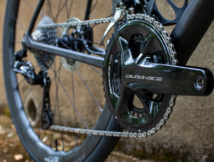Close up Shimano Dura Ace Drivetrain  on a Custom Road Bike by Cyclepath in Portland, OR 
